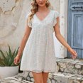 thumbnail image 2 of Sun Dresses Women Summer Casual Ruffle Short Sleeve Mini Dress V Neck Bohemian Floral Printing Beach Holiday Short Dress, 2 of 7