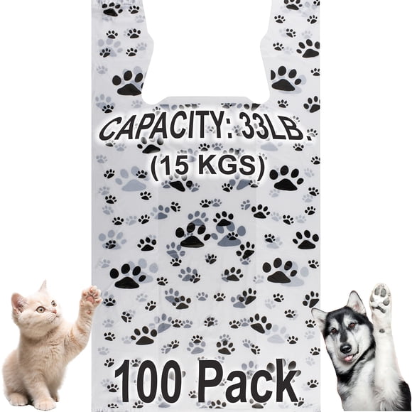 T-Shirt Bags - Paw Print Design - 100 Pack - Thank You & Shopping Bags - Cat or Dog - 22" L x 12" W x 7" Plastic