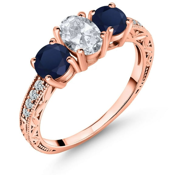 Gem Stone King 2.32 Ct Oval White Topaz Blue Sapphire 18K Rose Gold Plated Silver Ring (Size 9)