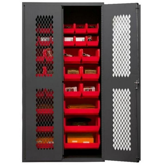 14 Gauge Flush Door Style Lockable Clearview Cabinet with 30 Red Hook on Bins, Gray - 36 in.