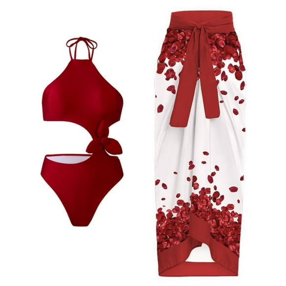 LMKIHUSA Womens Swimsuit with Sarong Cover Up Wrap Skirt Floral Print Bathing Suits with One Piece Halter Beach Vacation 2025 Swimwear Red,XL