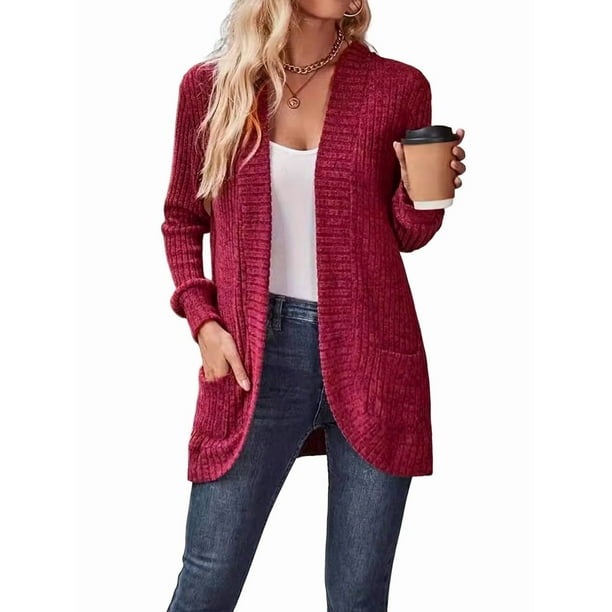 Cárdigan para Mujer, Suéter de Larga con Abertura Frontal y Bolsillos para Otoño e Invierno. Vino Tinto XL