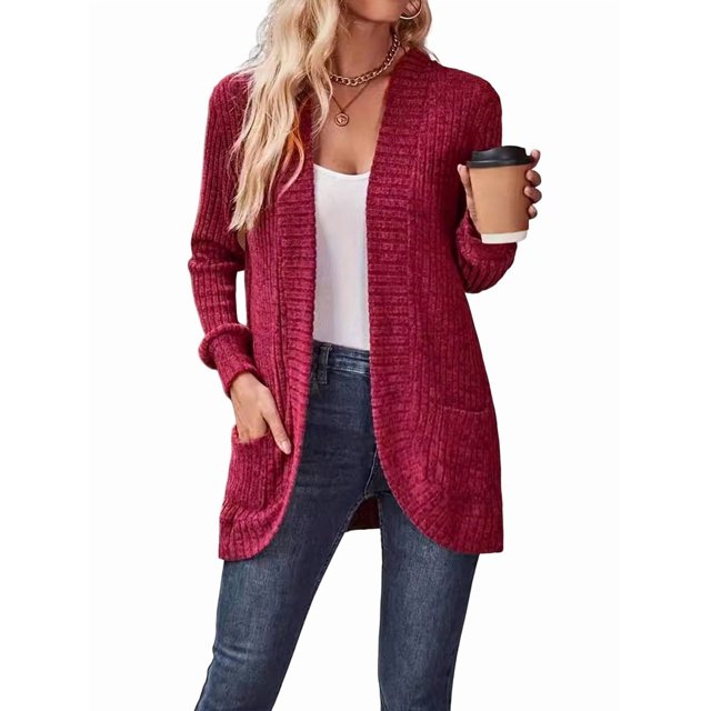 Cárdigan para Mujer, Suéter de Larga con Abertura Frontal y Bolsillos para Otoño e Invierno. Vino Tinto M