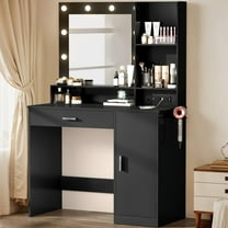 Furmax Vanity Desk with Lights and Mirror Makeup Vanity Table Set with Cabinet and Power Outlet, Black