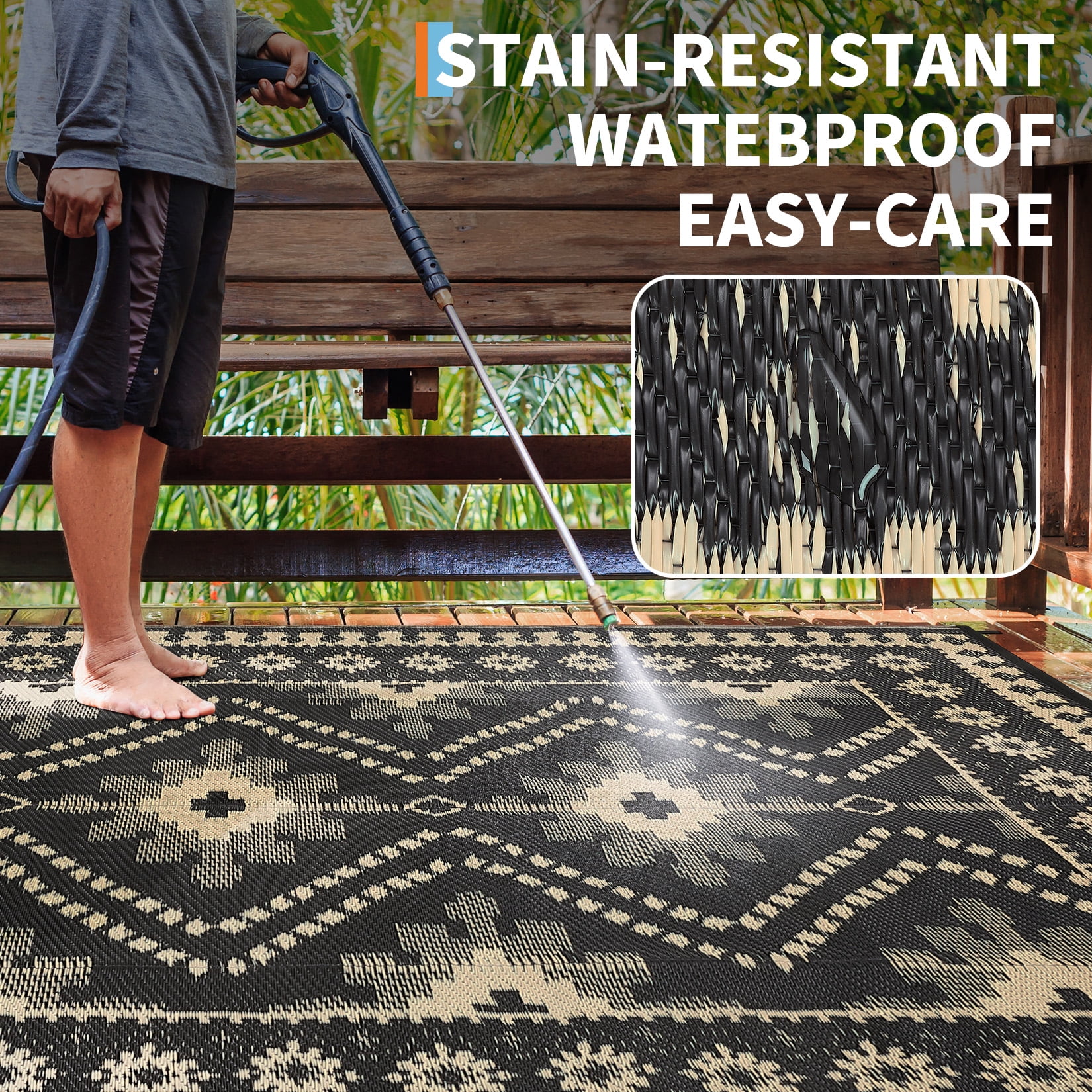HIWEAVER 8' x 10' Black/Brown Outdoor Rug PP Plastic Straw Woven Waterproof Patio Rug with Border Portable Outside Carpet for Balcony Deck Picnic Garden Decor