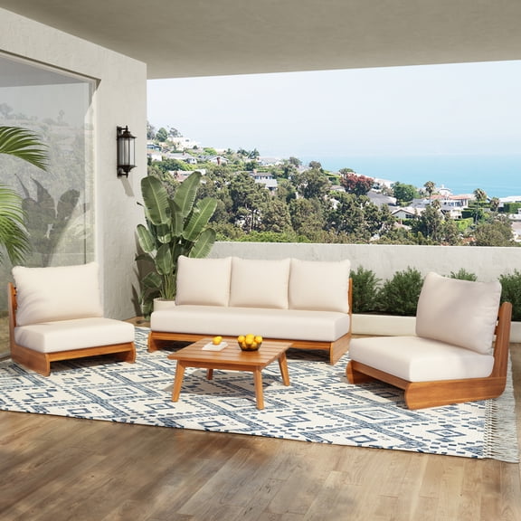 Christopher Knight Home 3 -Piece Outdoor Chat Set with Beige Cushions, Wood Frame, Patio Sofa & Club Chairs