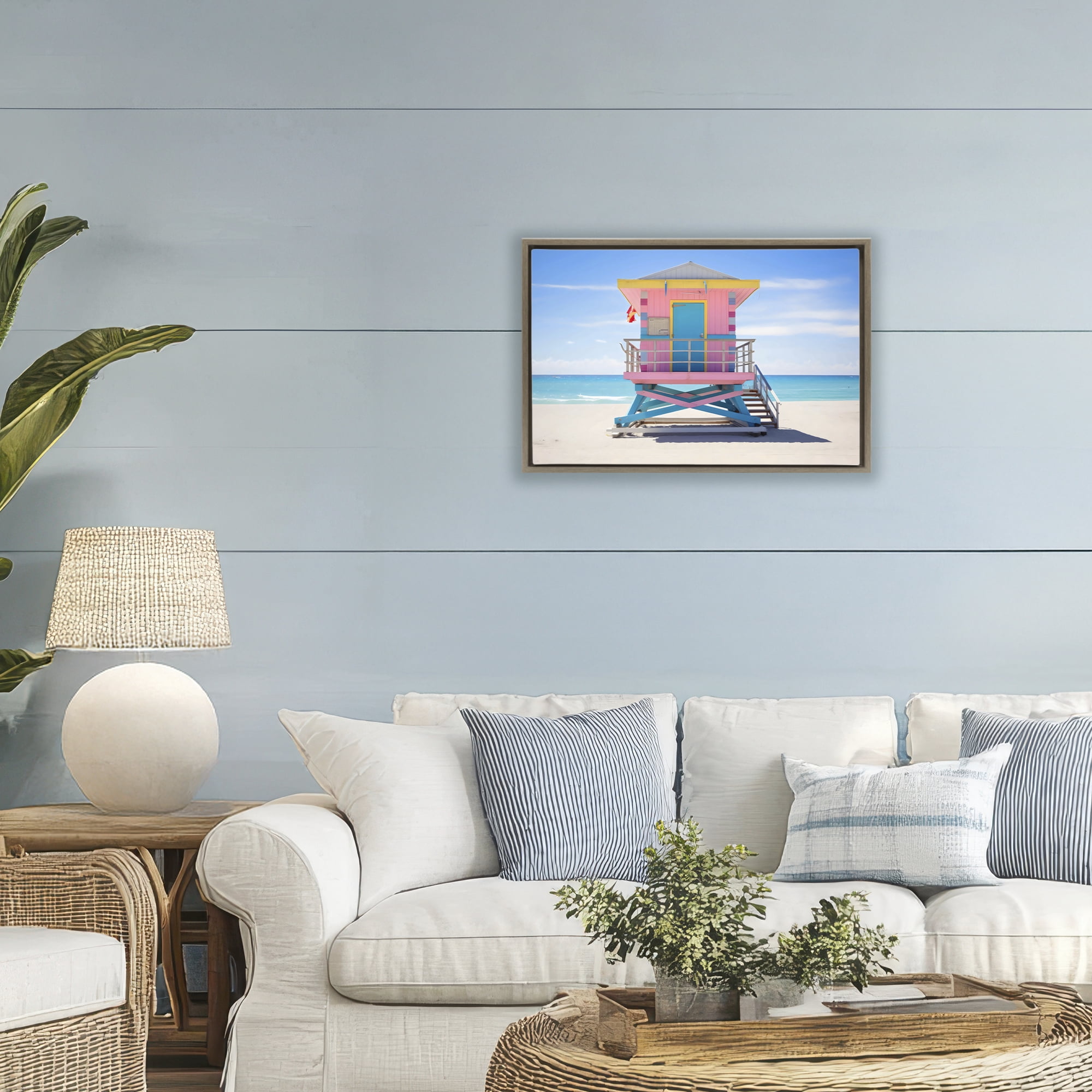 Stupell Industries Pastel Lifeguard Hut on Beach Brown Framed Floater Canvas Wall Art, design by Creative Studio