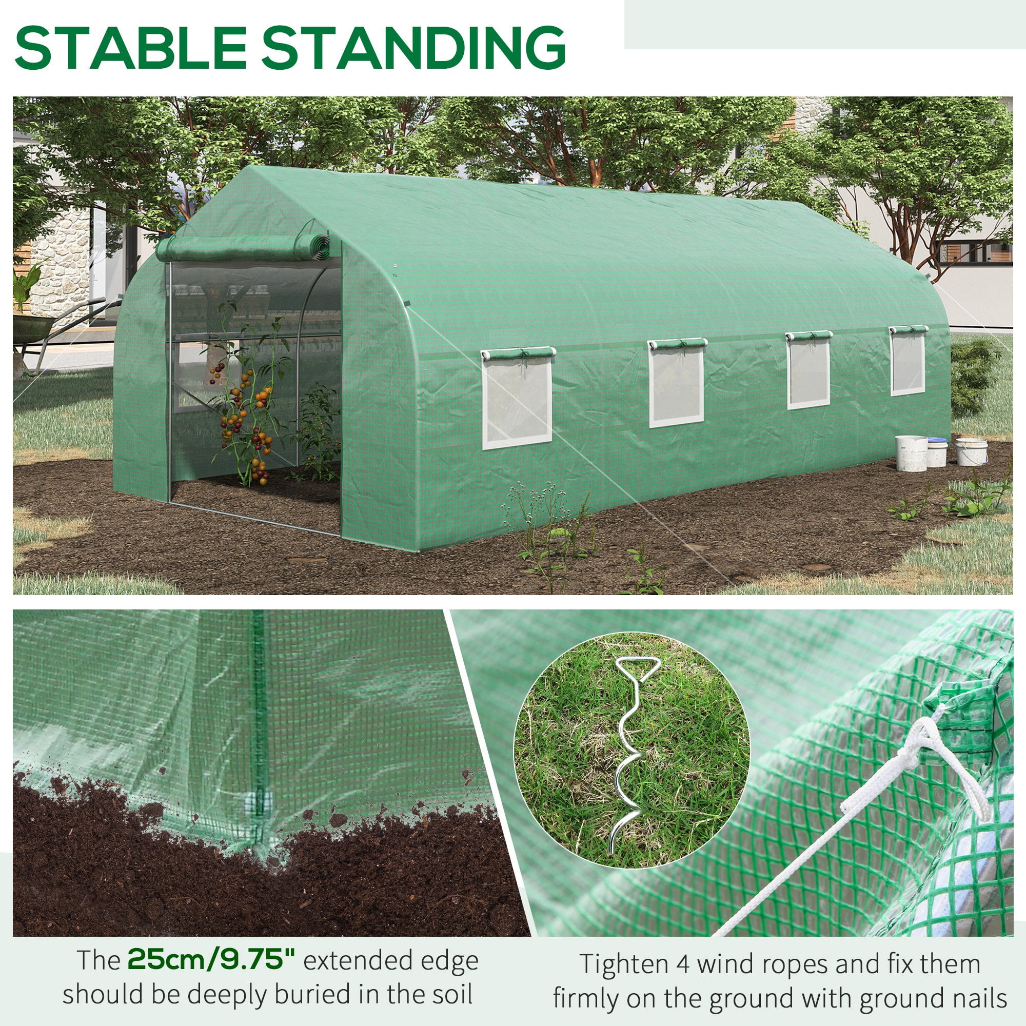 Outsunny 20' x 10' x 7' Walk-In Greenhouse, Hot House, Roll Up Door, Green