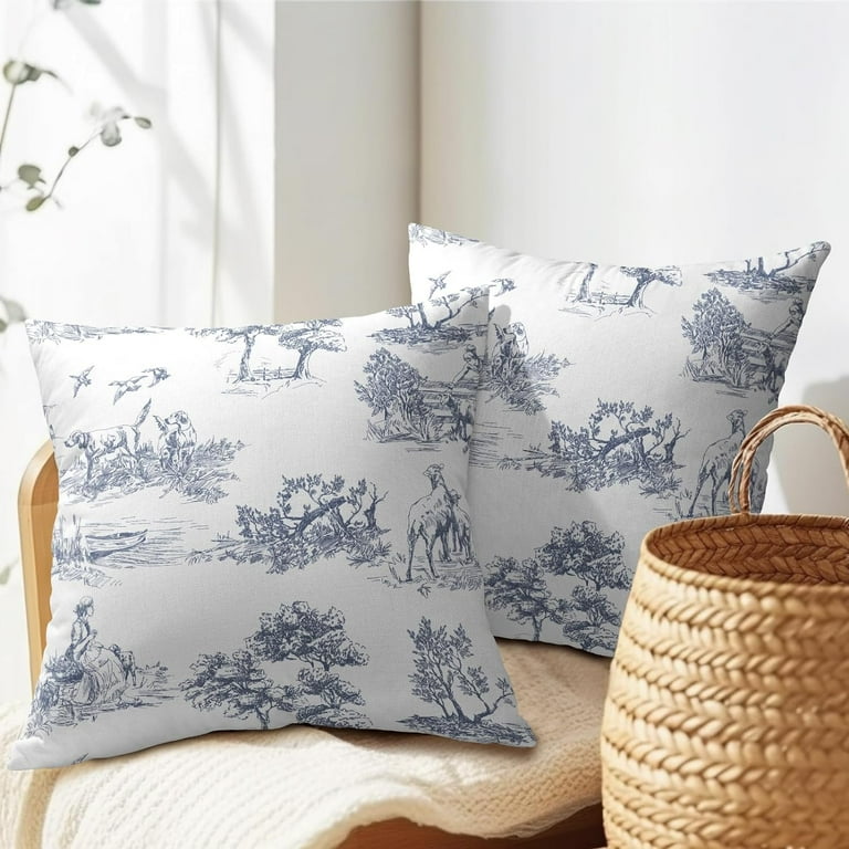 Navy Blue and White Toile Pillow Covers 18x18 Inch Set of 2 French Country Decor Vintage Cottage Outdoor Throw Pillow Covers Rustic Farmhouse Pillow