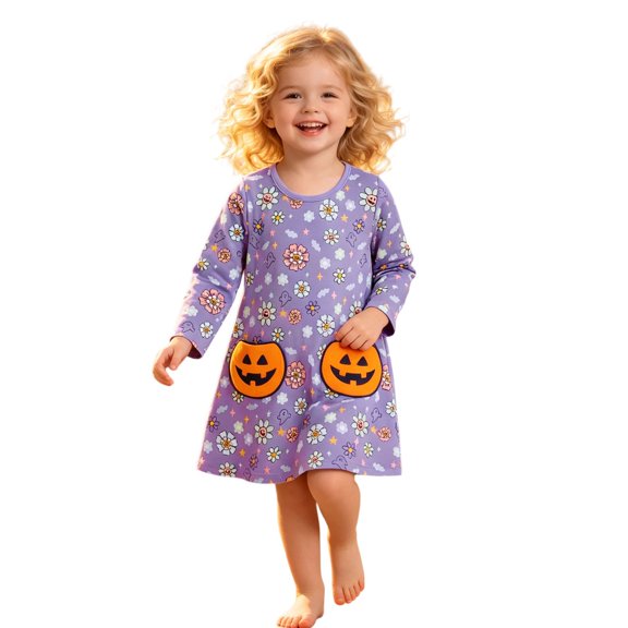Likimi Toddler Kids Girls Hallowmas Dress Crew Neck Long Sleeve Halloween Pumpkin Print For Party Comfort Dresses Size 2-3 Years