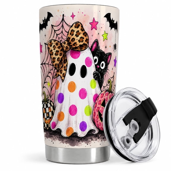 Polka Dot Ghost Cat Tumbler, 20oz Insulated Drinkware for Halloween Fans Stainless steel insulated tumbler with lid, polka dot ghost and black cat art for water, iced coffee, tea, or desk