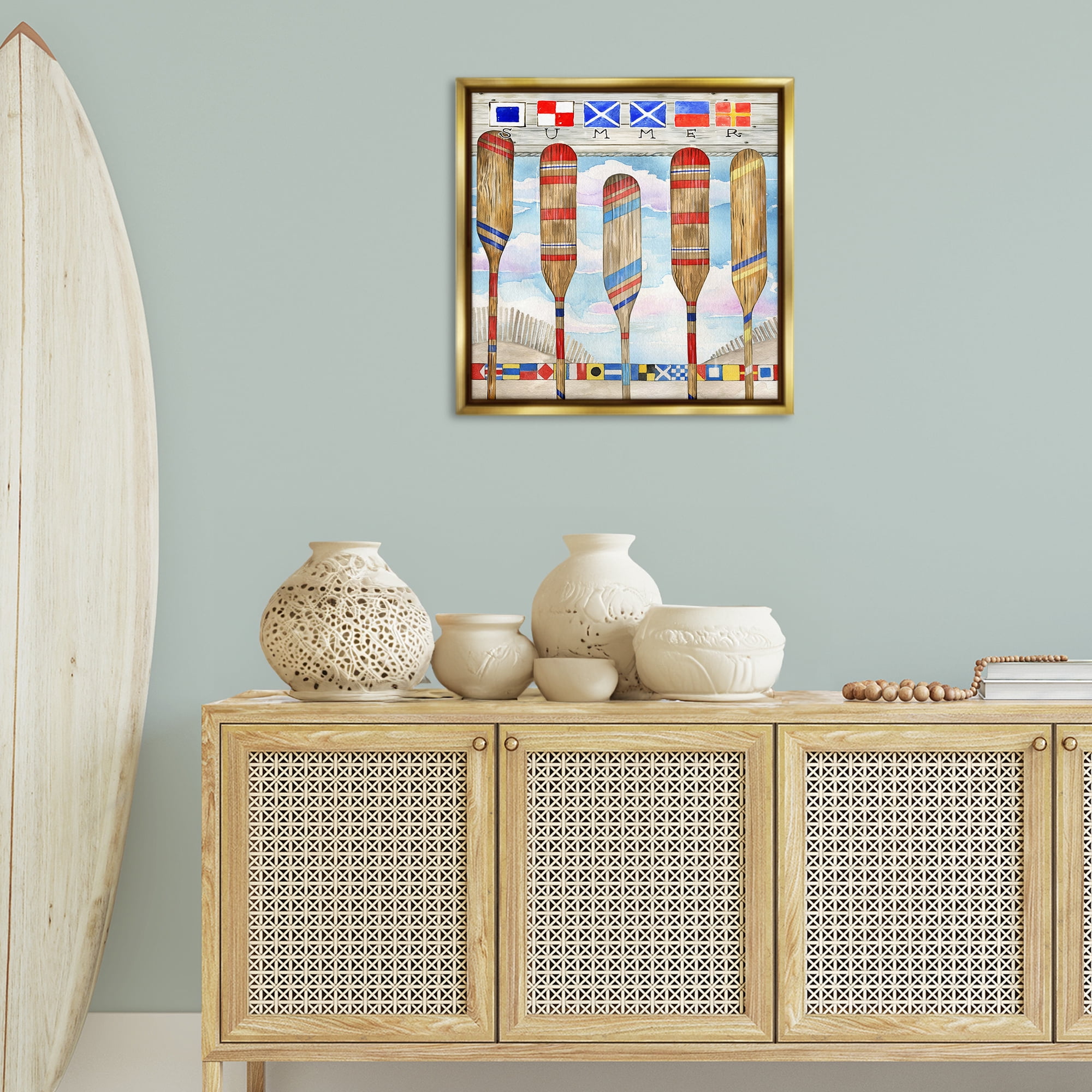 Stupell Industries Maritime Summer Paddles Nautical & Beach Painting Gold Floater Framed Canvas Art Print Wall Art, 25 x 25