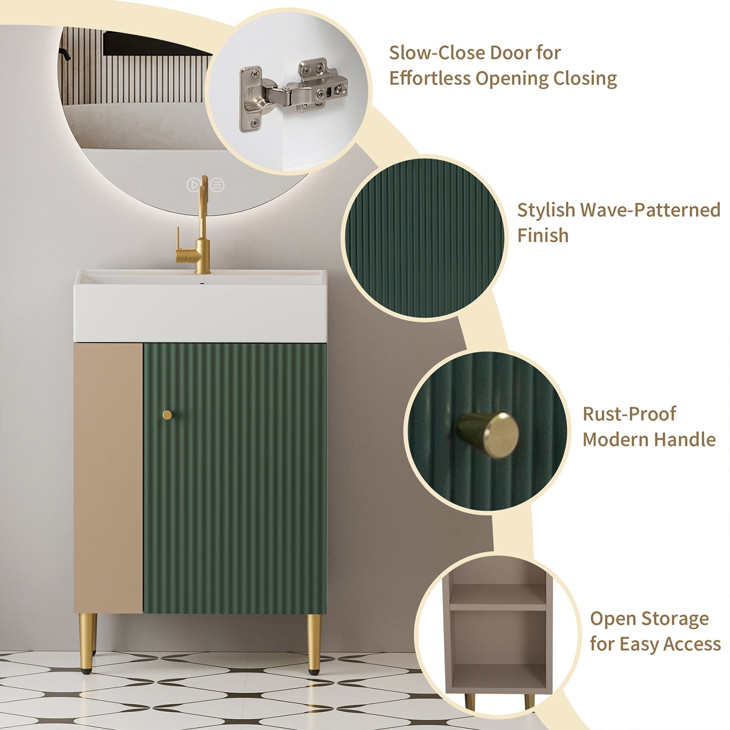 Demi Bonn 21" Bathroom Vanity with Ceramic Sink and Soft-Closing Door, Cloakroom Open Shelf Storage Cabinet on the Left Side, Faucets and Drains Not Included, Green