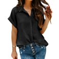 thumbnail image 1 of Estrela Women Turn Down Collar Shirt Single Breasted Pure Color Short Sleeve Loose Hem Shirt Top Black XL, 1 of 3