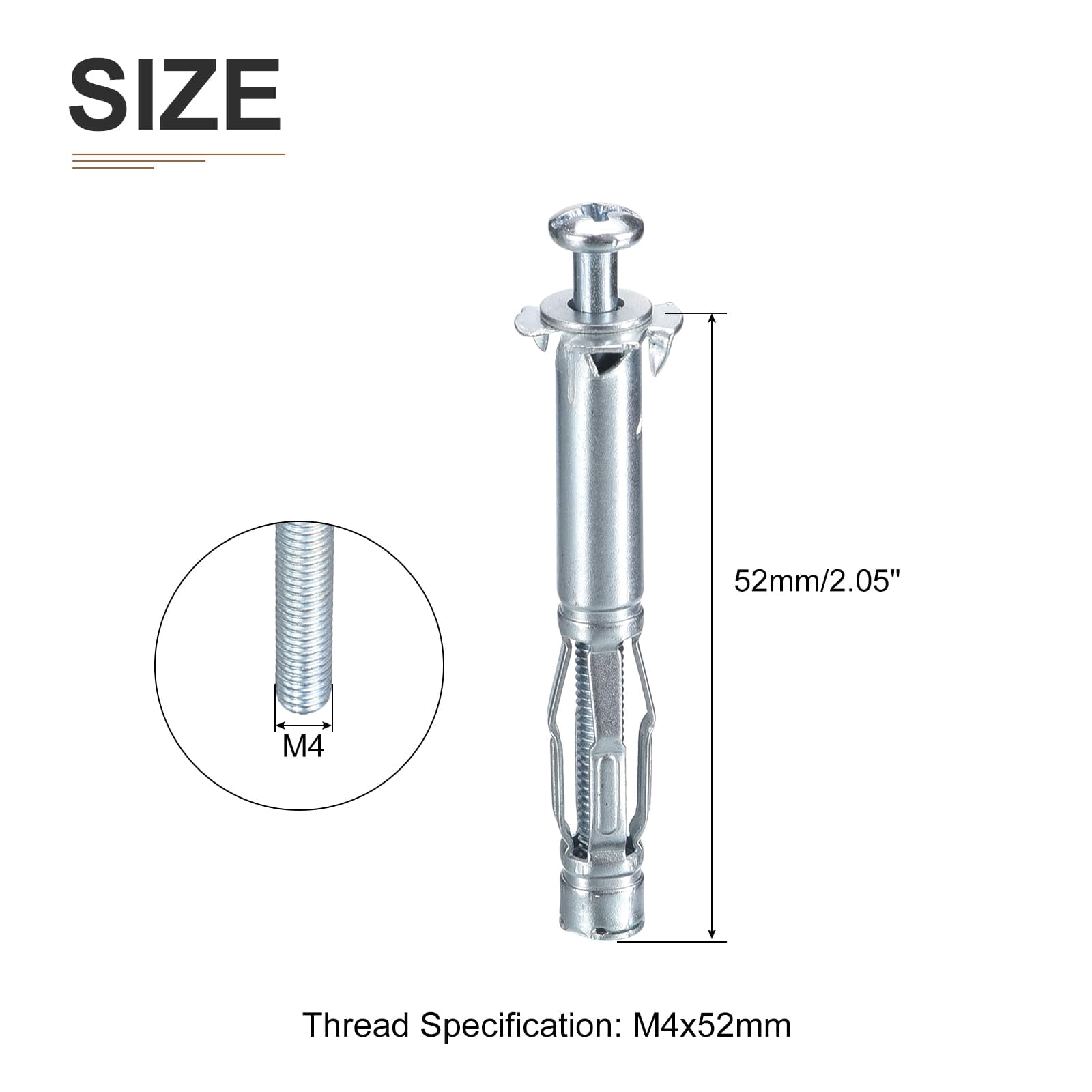 M4x52mm Hollow Wall Anchors - 5 Pack - Good for Hollow Wall Plaster Walls - Carbon Steel Hollow Drywall Anchors Screws, Silver