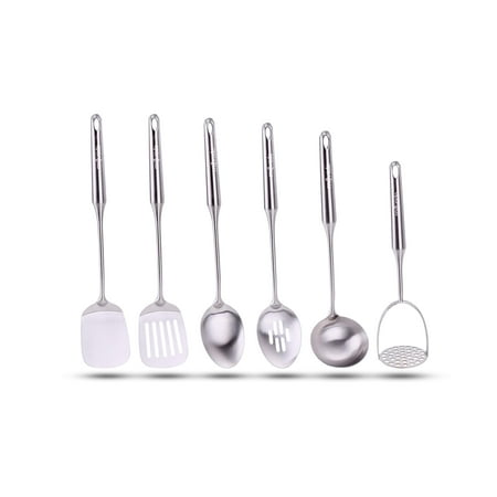

Millvado Stainless Steel Utensil Set: Set of 6 Cooking and Serving Kitchen Tools - Solid Spoon Slotted Spoon Solid Turner Slotted Turner Soup Ladle Potato Masher - Ergonomic Handles