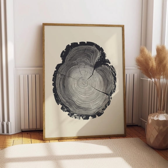 Tree Ring Art Print Black White Woodcut Style Nature Minimalist Botanical Unframed Paper Print