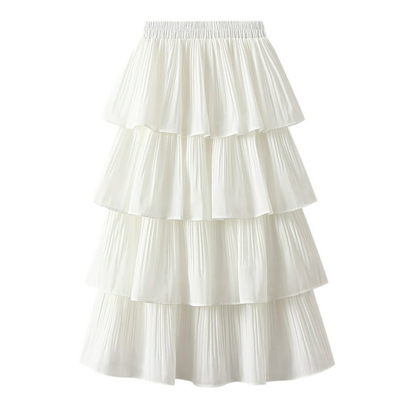 MIXUE Skirts For Women Summer Solid Color Ruffled Pleated Elastic High Waist Casual Cake Maxi Skirt Outwear,White,One Size