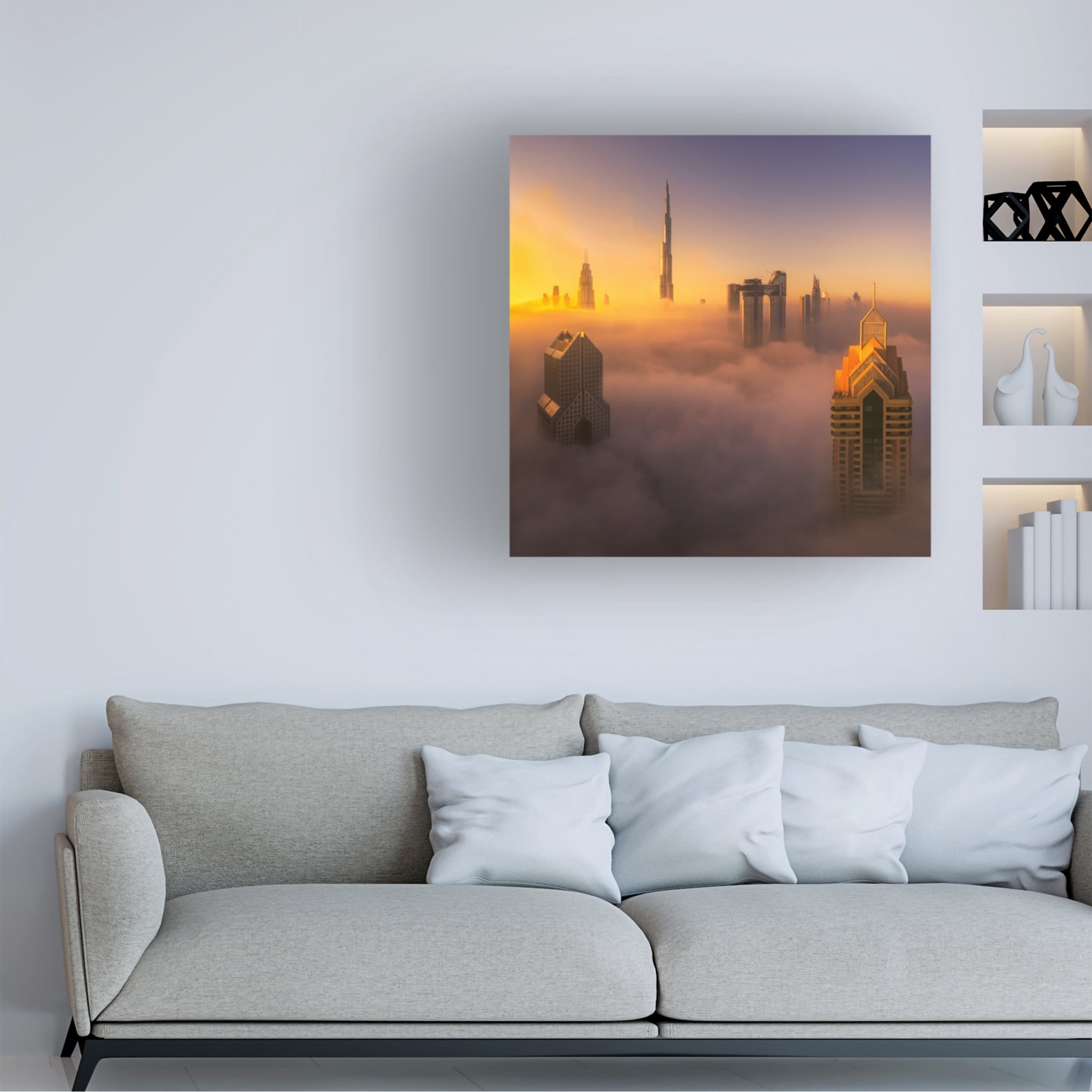 Canvas Wall Art - Joanaduenas 'Dubai Foggy Sunrise In The City' Wall Art for Living Room, Bedroom, or Office D?cor by Trademark Fine Art - 35 x 35 Inches