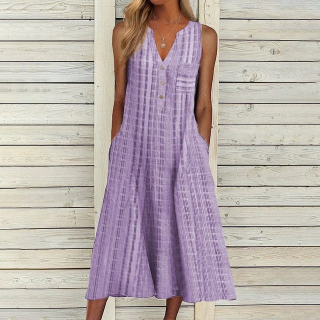 Babysbule Liquidation Robes d'Été pour Femmes, Mode Femme Décontractée Sans Manches à Col en V Boutonné à Rayures Imprimées avec Poches Robe Maxi