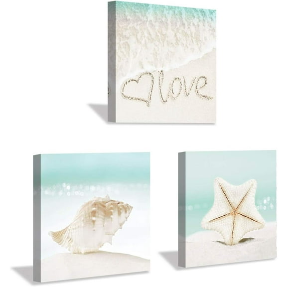 Beach Picture Artwork Seascape Painting: Seashell and Starfish Wall Art Print on Canvas for Bathroom (12" W x 12" H x 3 PCS, Multi-Sized)