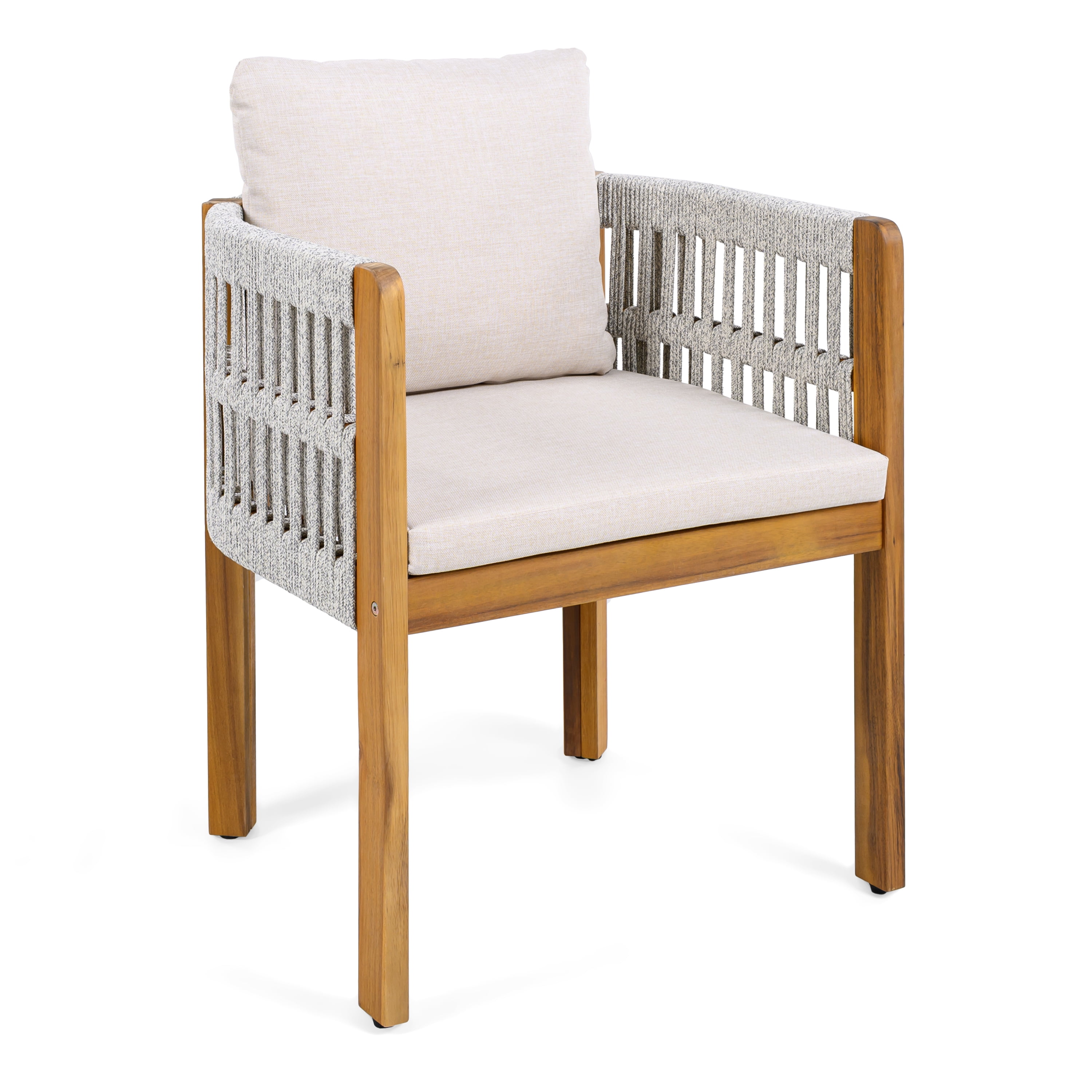 Acacia Wood Outdoor Dining Chairs Set of 2 with Mix Brown Rope Handles Washable Waterproof Beige Cushions, Teak