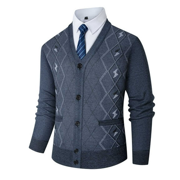 Men's Thickened Argyle Knit Sweater Coat V Neck Long Sleeve Button Down Cardigan Jacket Dark Gray 2XL