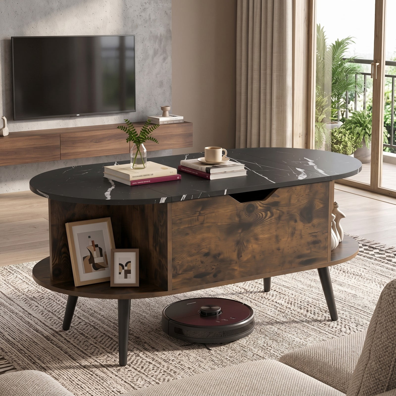 Furnibear Faux Marble Lift Top Coffee Table with Hidden Compartment and Side Shelves, 2-in-1 Rectangle Center Table for Living Room, Engineered Wood & Metal, Black