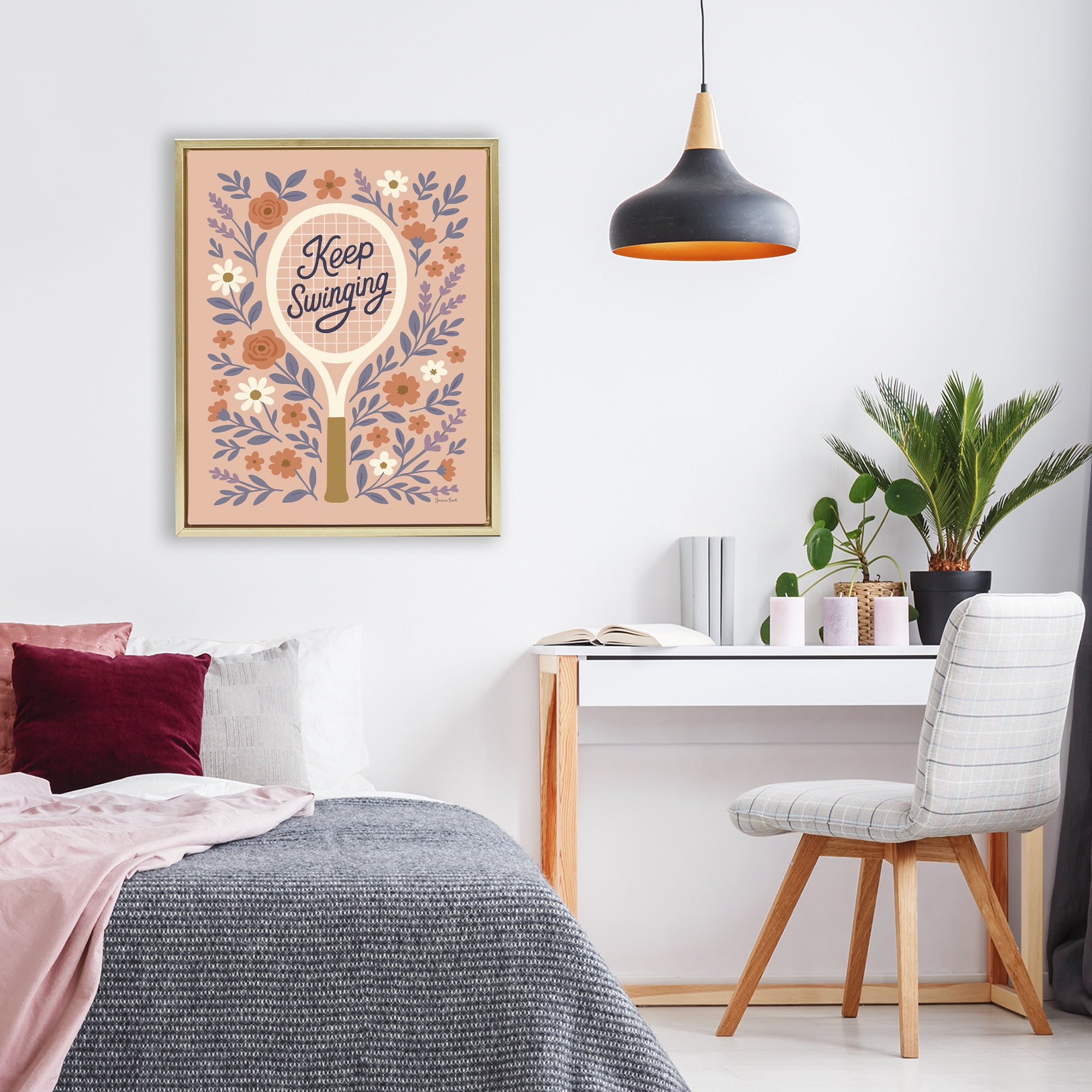 Stupell Industries Keep Swinging Floral Tennis Gold Framed Floater Canvas Wall Art, design by Jessica Beck
