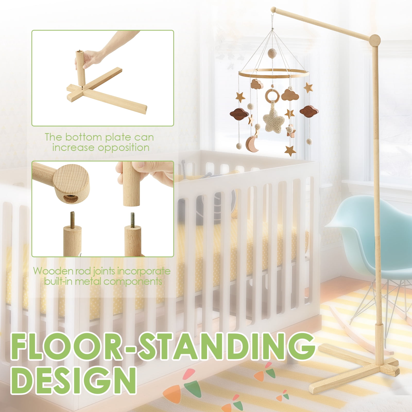 Wood Floor Standing Crib Mobile Arm Movable Baby Mobile Holder 55.51in Height Nursery Decor for Hanging Bed Bell Baby Bed Toys