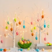 EAMBRITE Easter Decorations Easter Tree with 18x2 pcs Eggs Ornaments, Lighted White Birch Tree with Timer Battery Powered, Twig Tree Tabletop Centerpiece Spring Decorations for Home (2 Pack, 24 LED)