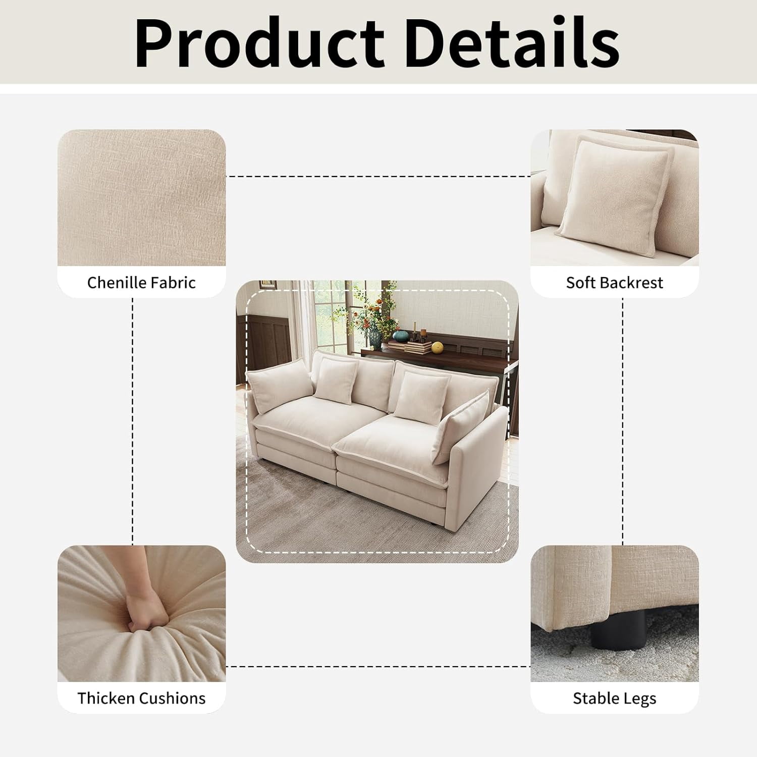 VEPXXP 75.9" Chenille Modular Loveseat, Deep Seat 2-Seater Couch with 4 Throw Pillows, Modern Cloud Sofa for Living Room Apartment Small Space, Beige