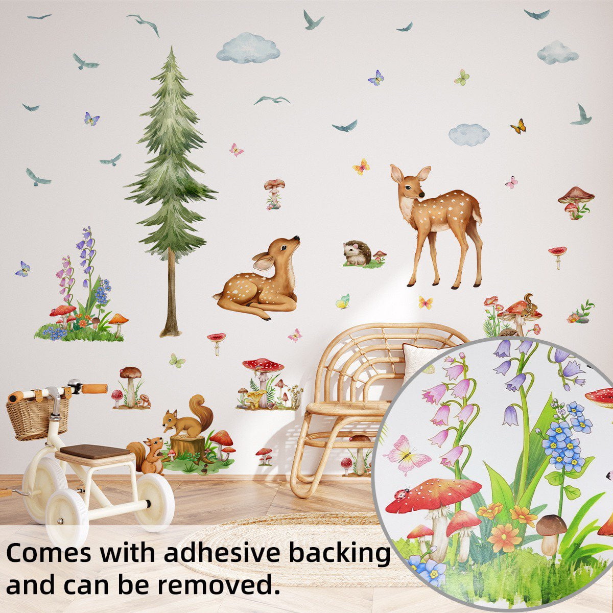 Jungle Animals Wall Decals Safari Cartoon Animals Stickers Watercolor Tree Animal Wall Stickers, Nursery Woodland Decor Bear Deer Forest Animal Decal for Bedroom Playroom Room Daycare Decor