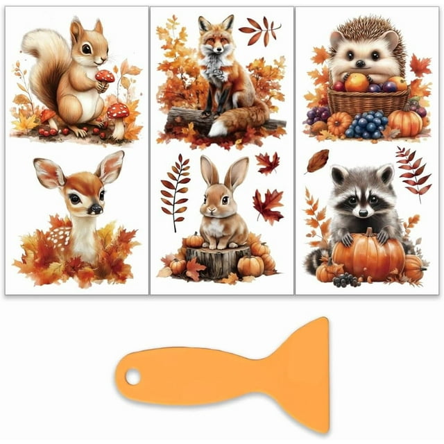 Set de 3 calcomanías de animales otoñales para muebles y manualidades (6x12 pulgadas): ardilla y conejo. Incluye espátula.
