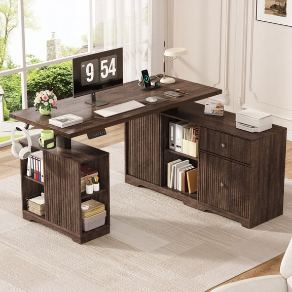 55" L Shaped Electric Standing Desk, Height Adjustable Sit Stand Executive Desk with File Cabinet, Storage Shelves & Drawers, Built-in Power Outlet & USB Ports, Corner Computer Desk for Home Office