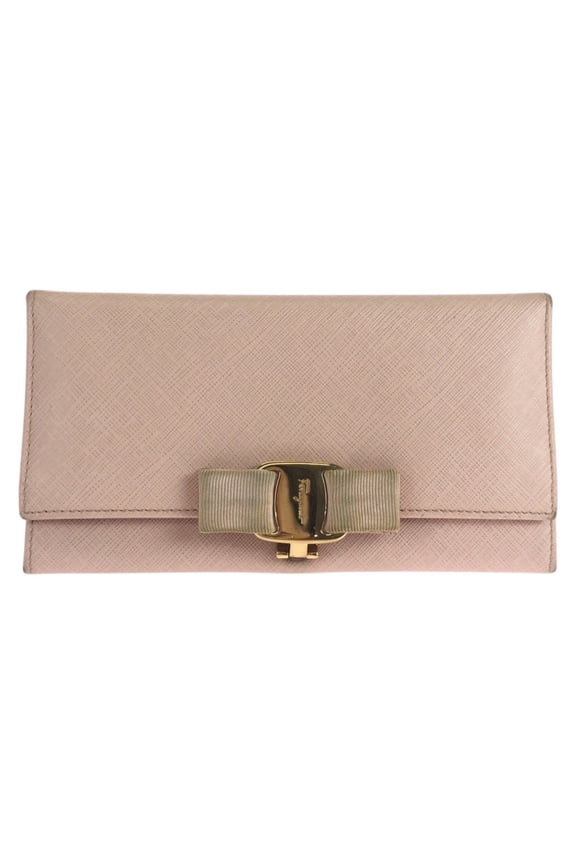 Pre-Owned Salvatore Ferragamo Vara pink leather long wallet with gold hardware (Fair)