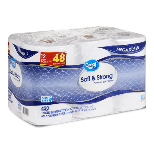 Great Value Soft & Strong Premium Bath Tissue, 12 Mega Rolls - Walmart ...