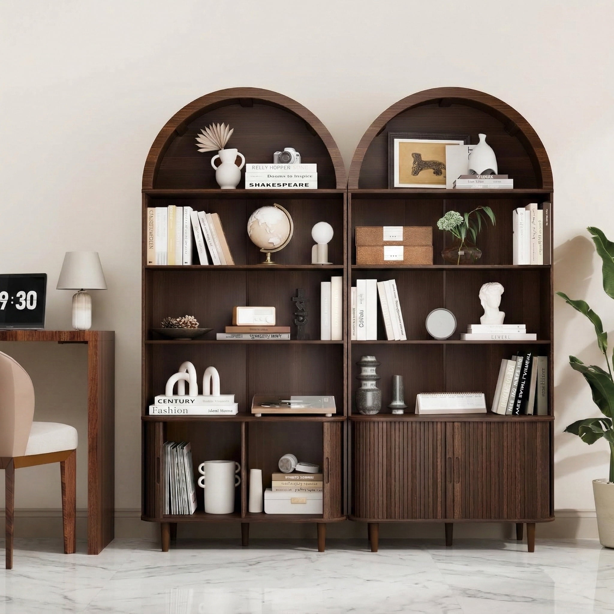 Aisword 71" Tall Arched Bookcases, 5-Tier Modern Farmhouse Bookshelf with Adjustable Shelves & Sliding Doors, Wood Display Storage Cabinet for Living Room, Office, Brown