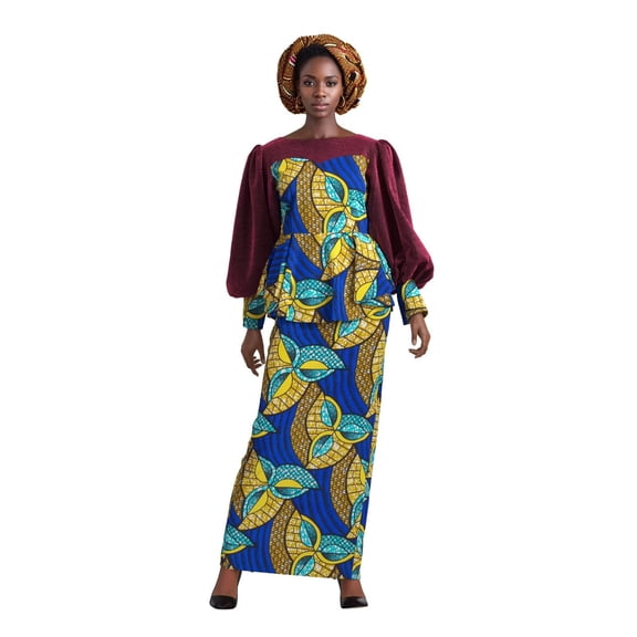 Bintarealwax African Women Velour African Elegant Set skirt for Women Lady Party Weaving Velour Collar African Print Set skirt Evening Set skirt WY10899