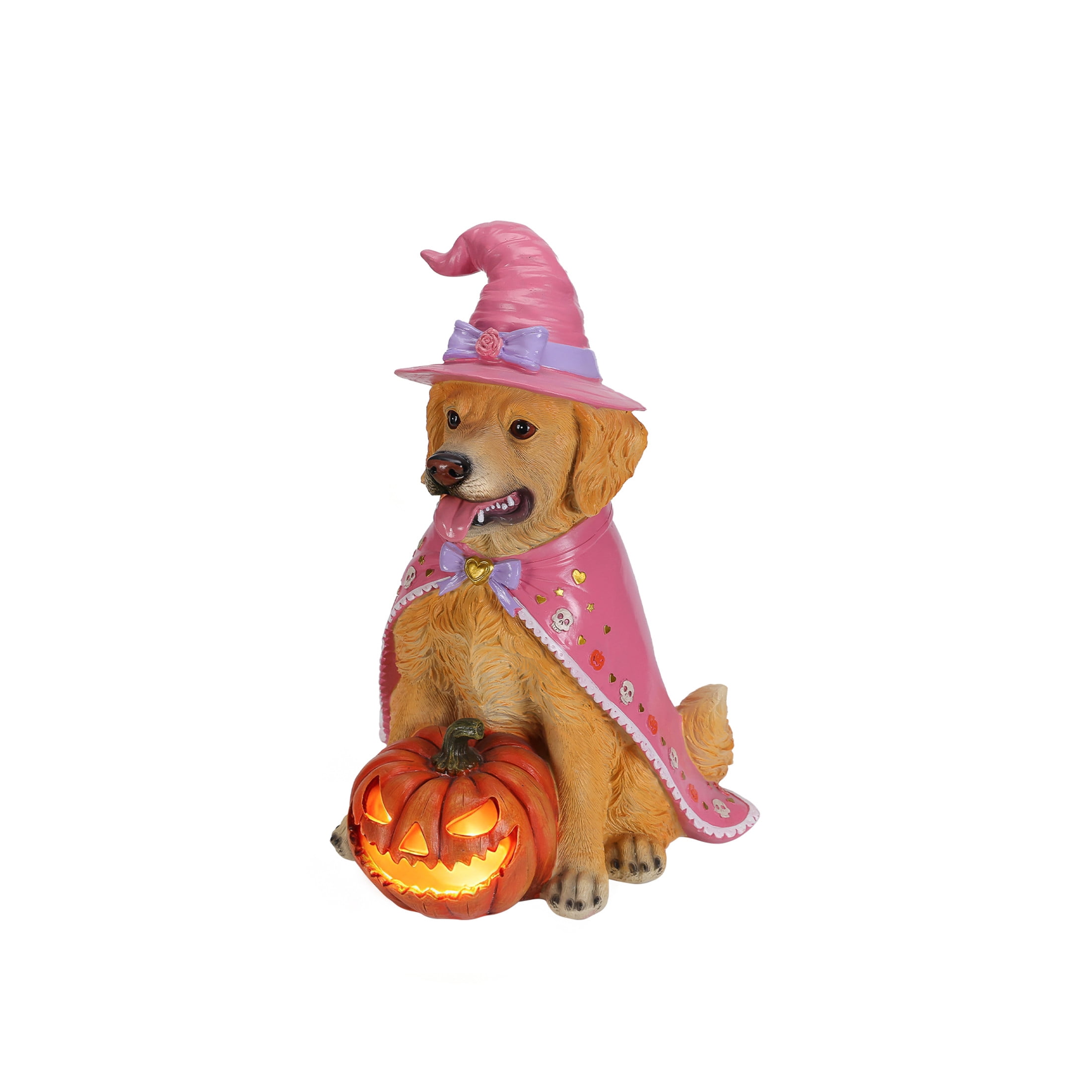 Noble House Halloween Golden Retriever Witch Puppy Figurine with Pumpkin Lantern, Decorative Statue, Brown