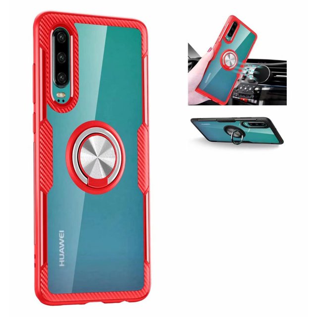 Silicone Shockproof TPU+PC,Transparent Tampering Protection Cover,360° Rotating Metal Ring Kickstand for Huawei P30