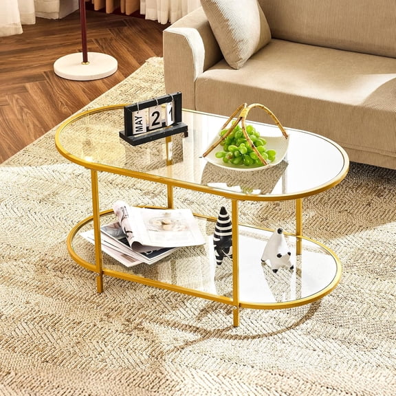 38" Oval Coffee Table, Transparent Glass Metal Coffe Table for Home Decor, Modern Center Table with 2-Tier Storage, Long Coffee Tables for Living Room, Office, Small Space, Champagne Gold