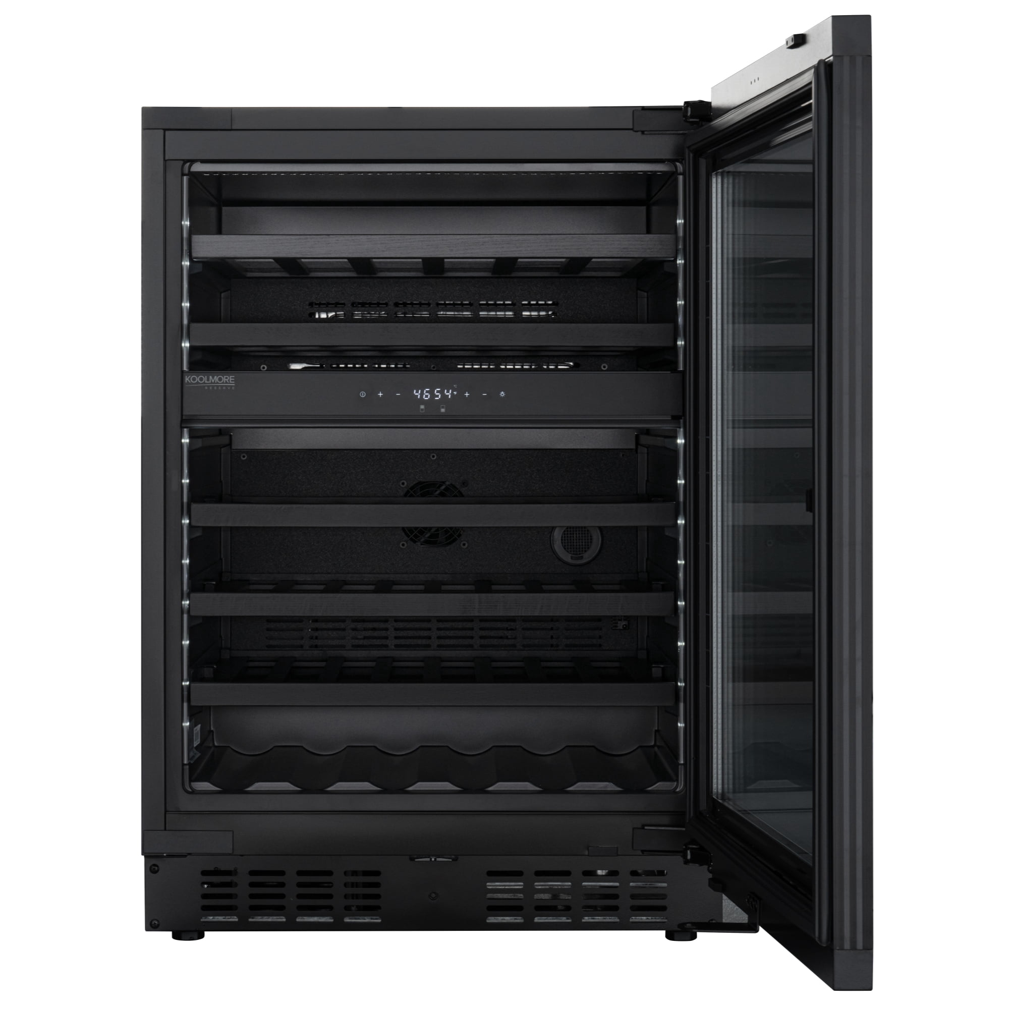 KoolMore Reserve 24 in. Under-Counter Panel Ready Dual Zone Built-in Wine Cooler with Black Shelves and 45 Bottle Capacity in Black (KM-CW46DZ-BPR)