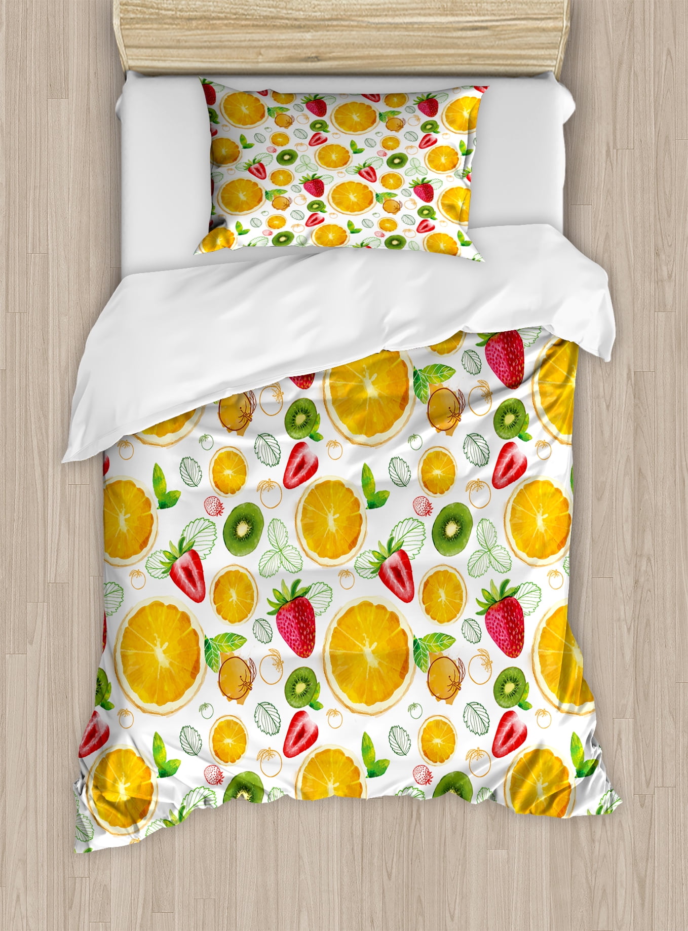 Fruits Duvet Cover Set, Citrus Kiwi Lemon Leaves Apricot Watermelon