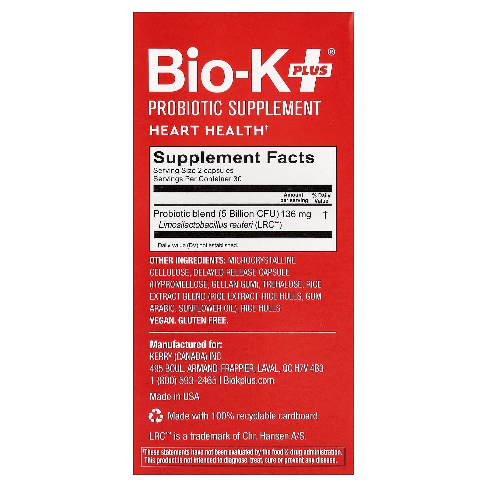 Bio-K+ Probiotic Supplement, Heart Health, 60 Capsule