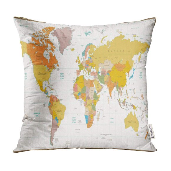 BOSDECO Old Retro Color Political World Map All are Separated in Layers Clearly Labeled Pillow Case Pillow Cover 18x18 inch