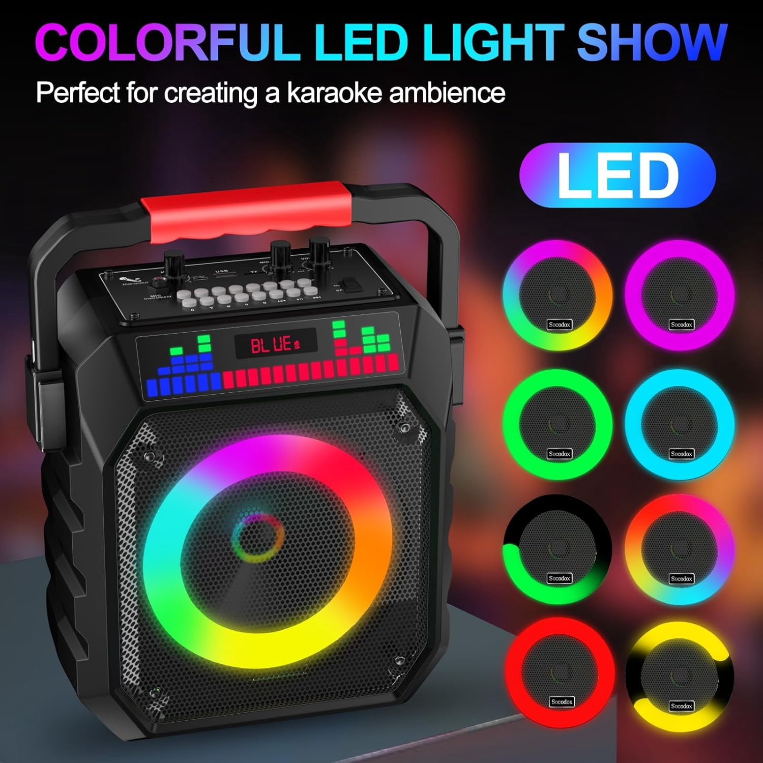 Socodox Karaoke Machine ,Portable Bluetooth Speaker with 2 Wireless Microphones for Adult Kid,Karaoke Supports TF/AUX/USB for Home Party with Lights