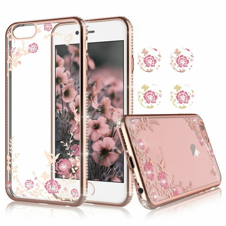 Apple iPhone 8 Plus / 7 Plus / 6s Plus / 6 Plus / X / 8 / 7 / 6s / 6 Cases, Njjex Ultra Clear hybrid Floral Printed Flower Sparkle Glitter SoftTPU Bumper Cases