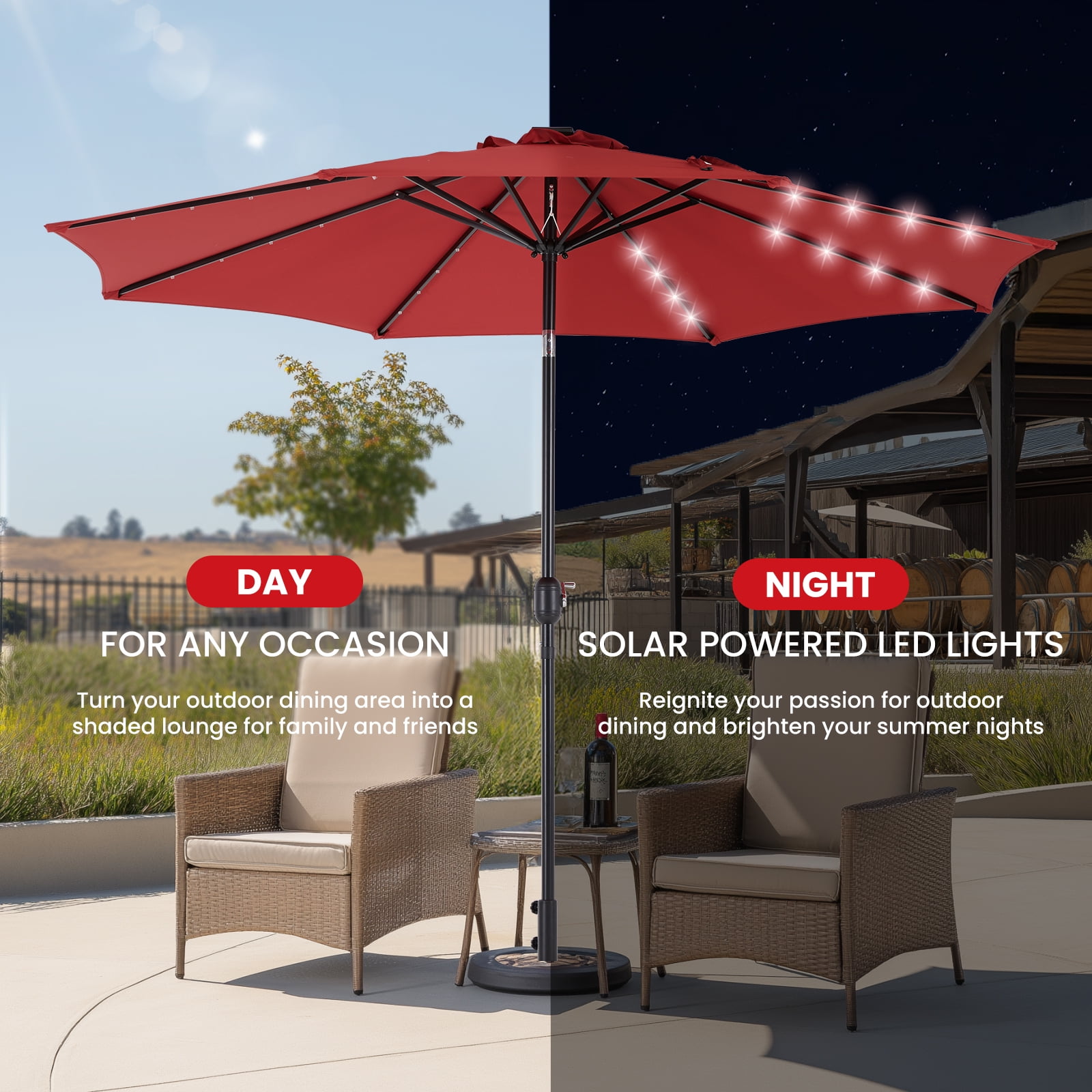 EDX 10ft Solar Polyester 32 LED Lighted Patio Umbrella with Tilt Adjustment and UV-Resistant Fabric,Red