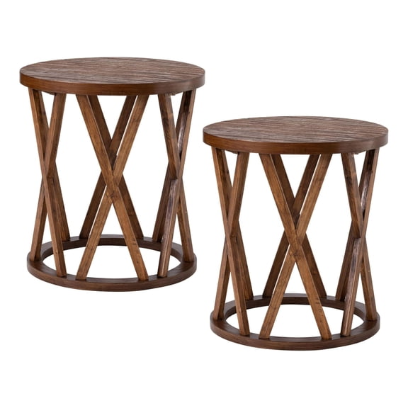 COZAYH Farmhouse End Table, Rustic Round Wooden Top with X-Motifs Legs, Brown, Set of 2